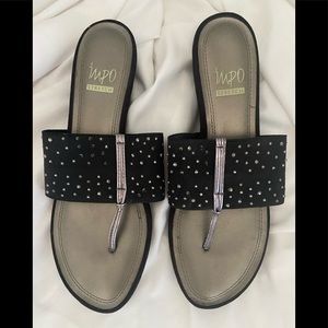 IMPO Stretch womens 7.5 Sandals Black Thongs Rhinestone stretchy comfy Shoes